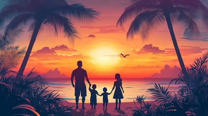 Sticker - vector illustration of a happy shadow family on beautiful amazing beach sunset nature