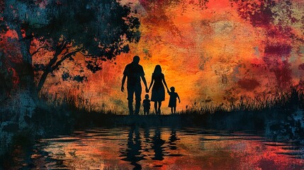 Wall Mural - A silhouette of a family against a textured backdrop with a vibrant sunset and reflections. 