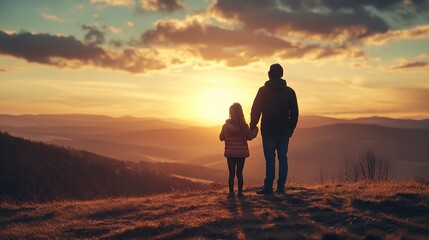 Wall Mural - Father and daughter standing on a mountaintop at sunset.