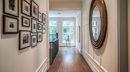 Canvas Print - Elegant Hallway with Family Photo Gallery and Mirrors 