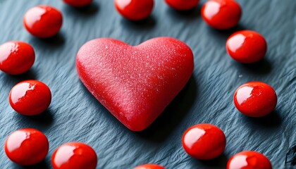 Wall Mural - Heart-shaped red gummies and round red pills on dark slate, representing love and health supplements