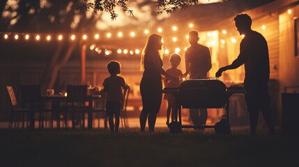Poster - A silhouette of a family having a backyard barbecue in the evening. The parents and children are gathered around a grill, their figures cast in shadow against the warm glow of string lights.