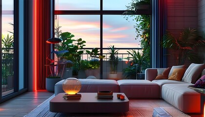 Wall Mural - Trendy cozy living room featuring neon lights, chic decor, plush sofa, and expansive windows with a balcony view adorned with vibrant plants