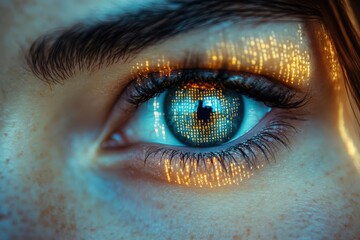 cybersecurity concept with intense eyes reflected in monitor closeup of human iris with binary code overlay conveying digital vigilance and data protection