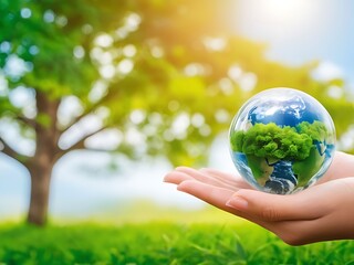 Human Hand holding Planet Earth Glass Ball in Lush Green Forest with Sunlight Background for Concept of Protecting Planet Earth's Environmental Ecology.