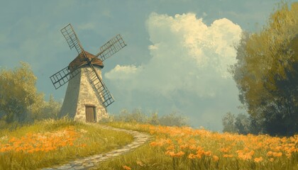 A picturesque windmill stands amidst vibrant flowers, surrounded by lush greenery and a serene sky, capturing rural beauty and tranquility.