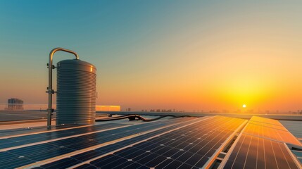 Wall Mural - Solar-powered water heater system installed on a rooftop, demonstrating another application of solar technology in everyday life, with a focus on efficiency and sustainability, against a clear sky,