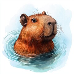 Capybara swimming in water, playful sticker, watercolor effect, soft tones, isolated on white background