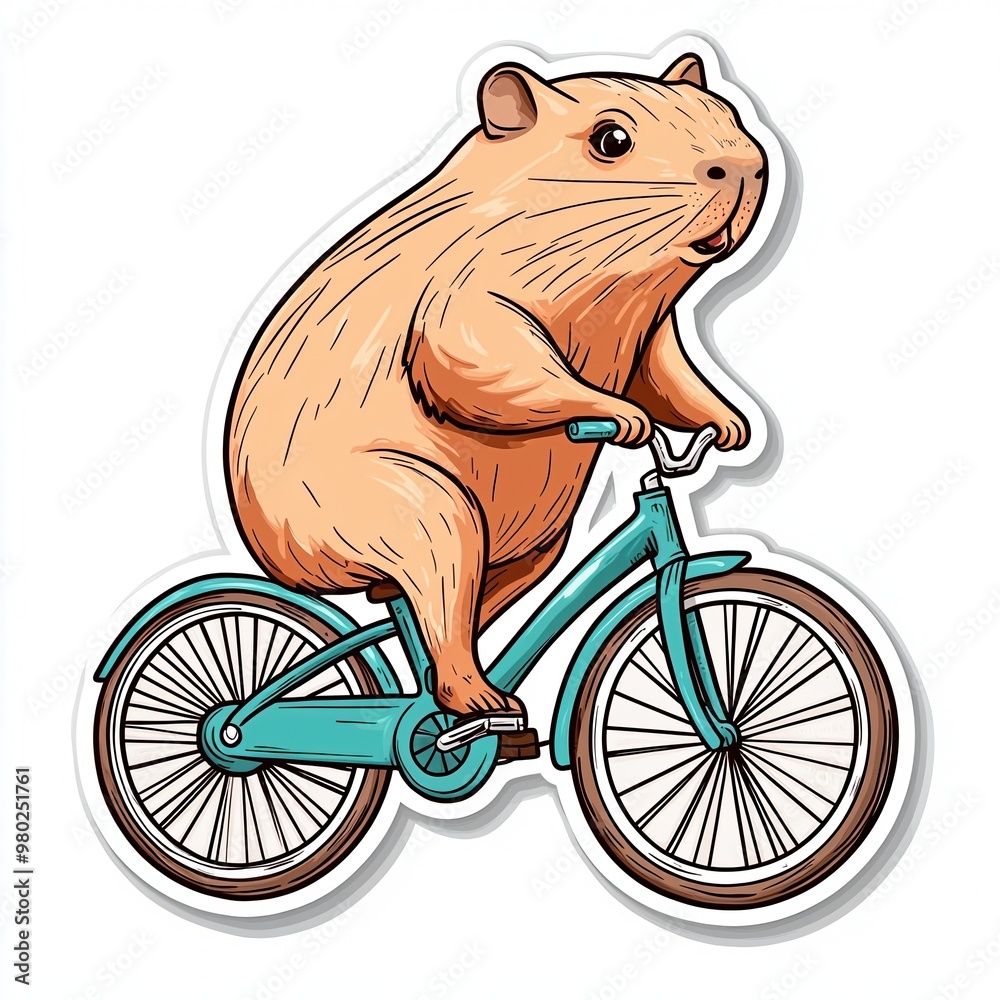 Capybara riding a bicycle, sticker illustration, cute animal character ...