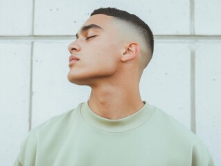 Poster - Minimalist Style Portrait of Young Man in Lime Green Fashion Against Modern Newsroom Wall Background