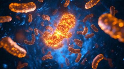 Fototapete - Vibrant bacteria display a luminescent glow while interacting within a dynamic microscopic landscape filled with cellular activity, capturing the intricate world of microorganisms.