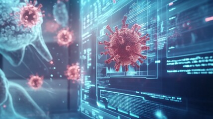 Poster - A digitally rendered image depicts a red virus with spikes on a blue computer screen. The screen contains lines of code and graphs. Several smaller viruses appear in the background.