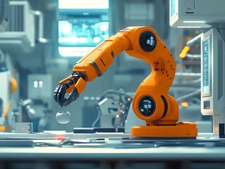 Aufkleber - Orange robotic arm placing a white sphere on a conveyor belt in a factory setting.