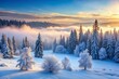 © Four888 - Serene winter wonderland scenery featuring a snow-covered forest, frosty trees, and a misty fog rolling through the frozen landscape, evoking a peaceful atmosphere.
