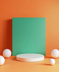 Aufkleber - Vibrant Green Podium on Burnt Orange Floor in Brightly Lit Sports Hall with Playful White Ping Pong Balls