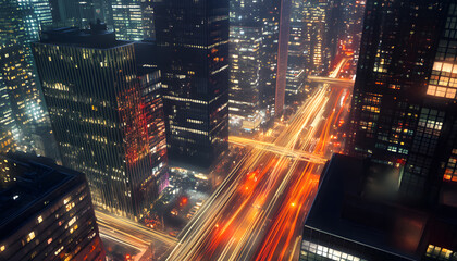 A bustling city at night, with skyscrapers illuminated and traffic creating streaks of light