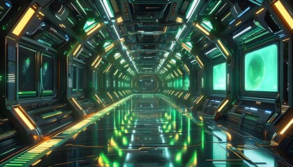 Wall Mural - Immersive sci-fi corridor of a futuristic spaceship featuring advanced technology, illuminated screens, and vibrant green light panels