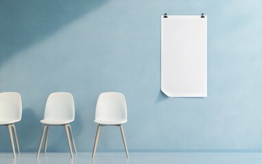Aufkleber - Minimalist Airport Lounge Poster Mockup with Pastel Blue Wall and Empty Chairs