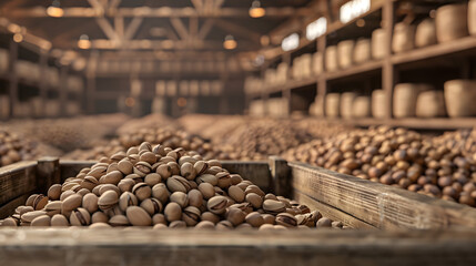 Wall Mural - Pistachio nuts harvested in wooden boxes in a warehouse. Natural organic fruit abundance. Healthy and natural food storing and shipping concept.