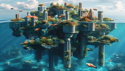 Surreal floating island city merging urban architecture with vibrant underwater marine life in a harmonious blend of natural and man-made beauty