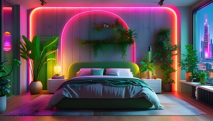 Wall Mural - Futuristic bedroom bathed in neon light with indoor plants and a stunning city skyline, showcasing modern and eco-friendly interior design innovations.