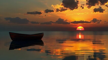 Wall Mural - small wooden boat peacefully floats on calm water at sunset, reflecting the orange and yellow hues o