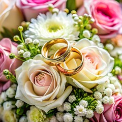 Canvas Print - wedding rings and bouquet of roses