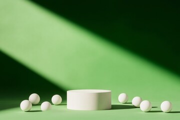 Poster - Minimalist Mockup with Textured Rubber Podium and Ping Pong Balls on Vibrant Green Background