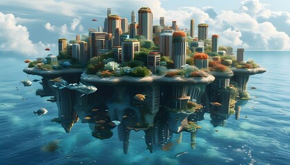 Surreal floating island city merging urban architecture with vibrant underwater marine life in a harmonious blend of natural and man-made beauty