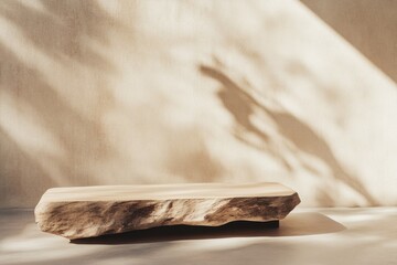 Aufkleber - Minimalist Wooden Podium in Soft Beige and Brown Monochrome Setting with Warm Golden Light Dynamic Shadows