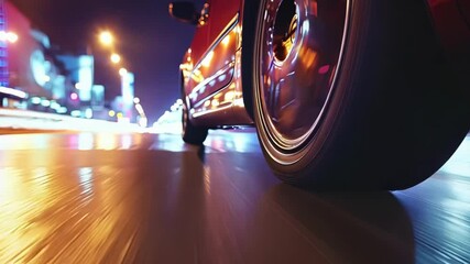 Poster - Car is speeding down a city street at night, leaving light trails in its wake as it speeds through the urban landscape