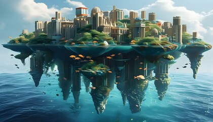 Surreal floating island city merging urban architecture with vibrant underwater marine life in a harmonious blend of natural and man-made beauty