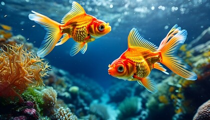 Goldfish swimming gracefully underwater with a vibrant city skyline backdrop, surrounded by lush aquatic plants and colorful coral reef beneath a cloudy sky