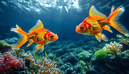 Wall Mural - Goldfish swimming gracefully underwater with a vibrant city skyline backdrop, surrounded by lush aquatic plants and colorful coral reef beneath a cloudy sky