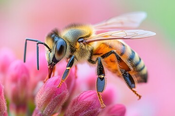 Close Up of a Honey Bee on a Pink Flower