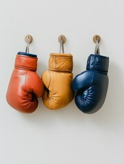 Three leather boxing gloves in red, yellow, and blue hanging on a white wall.