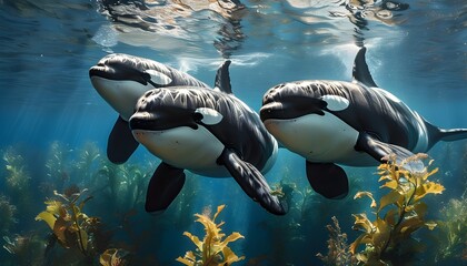 Wall Mural - Graceful orcas gliding through vibrant underwater vegetation, celebrating the beauty of oceanic wildlife in their natural habitat