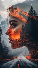 Canvas Print - Woman's face with mountain landscape inside.