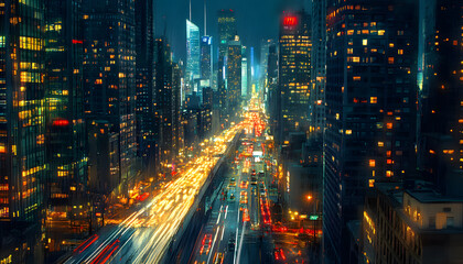 A bustling city at night, with skyscrapers illuminated and traffic creating streaks of light