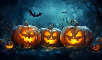 Wall Mural - Halloween event background with charming upscale pumpkins. Premium illustration for banners