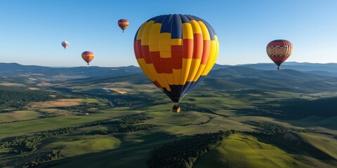 Colorful hot air balloon festival above scenic landscape for spring celebration posters