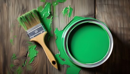 Wall Mural - Top view of green paint can and brush resting on a wooden surface