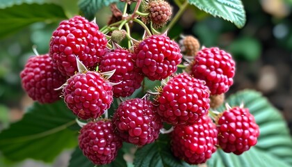 Vibrant close-up of luscious ripe red raspberries glistening with freshness