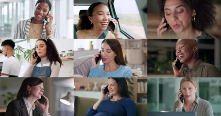 Poster - Phone call, connection and collage of people with diversity, mobile app and global communication platform. Network, community, and mosaic of women on smartphone for discussion, opportunity or support