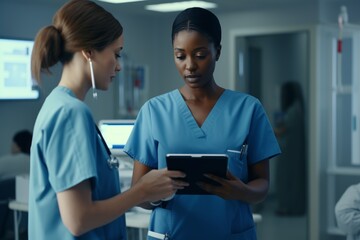 Two nurses in scrubs discuss patient details on a tablet in a contemporary hospital environment, showcasing teamwork and technology in healthcare