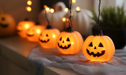 Wall Mural - Halloween Pumpkin String Lights: Festive Holiday Decorations for Spooky Atmosphere