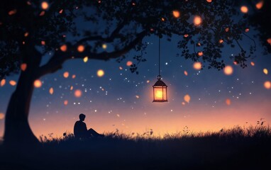 Wall Mural - A serene evening scene with a person sitting under a tree, gazing at floating lights and a glowing lantern, evoking tranquility.