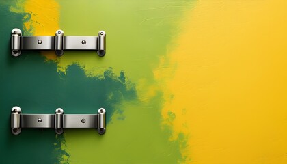 Modern design featuring stainless steel hinges on a vibrant yellow and green backdrop with text area