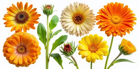 calendula flower set png. calendula flower isolated. calendula top view. calendula flat lay png. ora