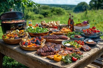 Wall Mural - A vibrant outdoor feast with a variety of grilled meats and fresh vegetables. Perfect for gatherings or summer events. Celebrate good food and great company. Generative AI